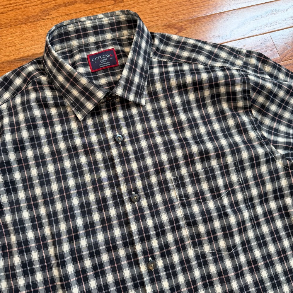 UNTUCKit Button-Down Shirt Mens Large Slim Fit Black Plaid Polyester Stretch